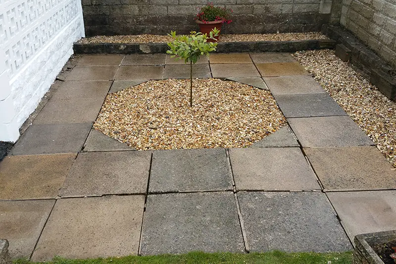 Patio slabs after cleaning — restored to original colour