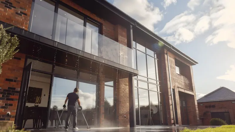 Window cleaner washing large glass panels on a modern building
